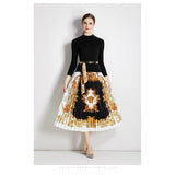 Suit Women's Collar Slim Thin Knitting Top Two Sets Of High-Waist Baroque Prints