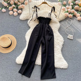 French Style Sexy Women Dress Summer 2022 Elastic Waist Pocket Temperament Elegant Solid Wide Leg Pants