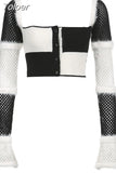 Contrast Plaid Sweater Cardigan High Street Vintage Square Collar Fishnet Sleeve Knitted Jacket Women Chic Elegant