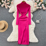 Winter Turtleneck Knitted Dress Long Sleeve Elastic Waist Slim Autumn Dress 2022 Women Solid Split Sweater Long