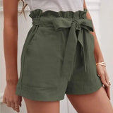 2025 Summer Women's Loose Flax Leisure Shorts Pocket Solid Colored High-Rise Broad