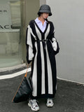 Women Striped Knitting Big Size Long Warm Dress New V-Neck Long Sleeve Loose Fit Fashion Tide Autumn Winter 2022