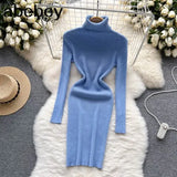 Sheath Women Dress Fashion Turtleneck Long Sleeve A Line Bodycon Dress Female Solid Streetwear Knitted