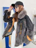 2022 New Faux Fox Fur Stitching Tassel Removable Liner Parkas Winter Harajuku Asymmetric Denim Jacket Y2k Streetwear