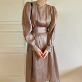 irregular solid color O-neck women's silk robe slim fit waist elegant ladies dress spring retro loose Mujer