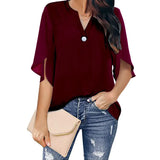 Short Sleeve Elegant Casual Pullover Solid Color V-neck Chiffon