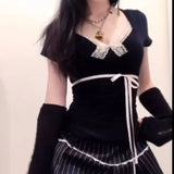Lace Trim Bow Splice V Neck Long Sleeve Tee-Outfit