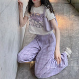 Korean Fashion Purple Plaid Pants Women Kawaii Soft Girl Oversize High Waist Wide Leg Checked Trousers For