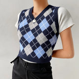 Vintage Print Women Sweaters Autumn New V-Neck Sleeveless Female Knitted Vest Streetwear y2k Top Pullover Casual