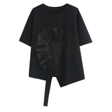 Women White Flower Ruffles Ribbon Big Size T-shirt New Round Neck Short Sleeve Fashion Tide Spring Summer 2023
