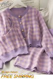 Sweet Women Three-Piece Set Plaid Pink Spring Cardigan Sweater Short Strape Camis Two Piece Set + Bodycon Mini
