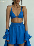 Fashion Bra + Long Sleeve Blouse 3 Piece Set Women Autumn Blue Cotton Shorts Set Casual High Waist Shorts Woman
