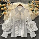Ruffle Trim Shirt For Women Lapel Lantern Sleeve Loose Solid Button Through Blouse Female Fashion