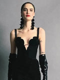 Black Irregular Deep V Neck Mini Bandage Dress-Outfit