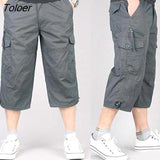 Men Solid Color Breathable Pocket Loose Straight Capri Cropped Pants