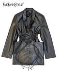Black PU Leather Jacket For Women Notched Collar Long Sleeve Bandage Vintage Coats Female Korean Fashion