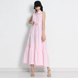 White Dress For Women Lapel Sleeveless Patchwork Folds Sashes Lace Up Dresses Female 2022 Summer Fashion