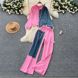 Kong Flavor Casual Suit Female Fashion Design Stitching Fake Two Hooded Jacket High-Waisted Cowboy Splicing Wide Leg