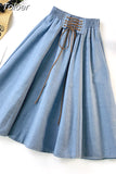 Autumn Winter Fashion Women Skirt Solid Color Lace-up High Waist Denim Skirt Retro Pleated Midi Denim Flared