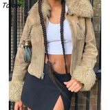 Y2K Harajuku Faux Fur Patchwork Collar Jackets Women Solid Zip Up Long Sleeve Crop Jacket Autumn Winter Streetwear