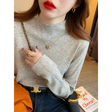 Collar Bottom Shirt Femininity In Autumn And Winter New Wool Long-Sleeved Knitted Shirt Solid Black