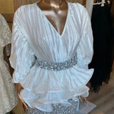 Suit Female Temperament Lantern Long Sleeve V Collar Lotus Leaf Swing Bright Shirt Female High-Waist Lysic Half