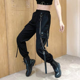 Graduation party Cool Ladies Ribbons Chains Cargo Pants Women Street Fashion Hip Hop Gothic Black Sweatpants Pockets Loose Casual