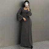 Toloer Women's New Autumn New Fashion Loose U-Neck Back With Long-Sleeved Dress-Outfit