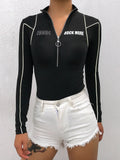 Zipper Letter Print Contrast Bodysuit Half Turtleneck Long Sleeve Women Bodysuit Bodycon Street Wear Romper