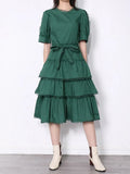 Casual Patchwork Scalloped Womens Dress Round Neck Short Sleeve High Waist Lace Up Dresses Female Fashion New