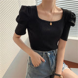T Shirts Women Summer 2022 Solid Square Collar Short Puff Sleeve Female Tops Loose Casual Cotton Ladies