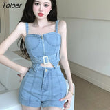 Korean Denim Sexy Club 2 Pieces Outfits Women Strap Backless Short Crop Tops Shirt Blouse Shorts Mujer Slim Sets