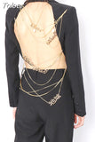 Sexy Party Backless Blazer For Women Notched Long Sleeve Streetwear Patchwork Chains Slim Fit Coat Female 2023 Spring