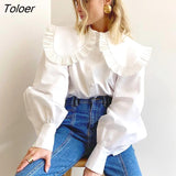 Ruffle White Women Blouse Peter Pan Collar Cotton Button Up Shirt Women Tops 2023 Fashion Loose Puff Sleeve Shirts