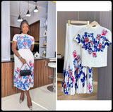 Fashion Set Women's Summer French High-Grade Folding Print Short-Sleeved Top + Loose A Word 100-Fold Long