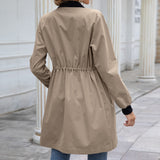 Women Outdoor Dust Coat Autumn Long Sleeve Stand Collar Cardigan Streetwear Slant Pocket Drawstring Waterproof Mid-Length