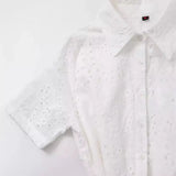 New Fashion Collar Short Sleeves Pure White Embroidered Shirt Dress Women