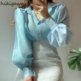 Women Shirts Office Lady Turn-down Collar Loose Lantern Sleeve White Blouses Tops Korean Fashion Elegant Blusas