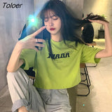 Sleeve T-shirts Women Letter Printed Crop Top Soft All-match Korean Style Womens Tees Students Chic Loose Retro