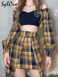 Youth Stitching Contrast Color Plaid Beautiful Wild One-Line Collar Long-Sleeved Short Top With A-Line Skirt 2