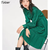 Women Dress 2022 Autumn Long Sleeves Pointed Collar High Waist Green Long Skirt Elegant Vintage Midi
