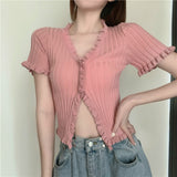 Graduation party French Retro Young Style Cardigans Ruched T Shirt Split Crop Top Women Knit Rib Summer Streetwear Fitness