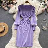 Women Autumn French Knitted Dress O Neck Long Sleeve Sheath Dress Office Lady Fashion Solid Mid Long Sweater
