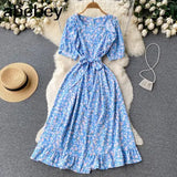 Ruffles Boho 2022 O Neck Summer floral print long split Dress Party Women high waist dress beach holiday tunic