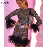 Shiny See-through Mesh Feather Long Sleeve O-neck Bodycon Package Hip Two Piece Set Party Night Club Dress Sets with