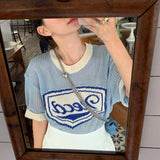 Letter Print Crochet Top Women Korean Dongdaemun 2023 Summer Knit T-shirt Contrast Hollow Short Sleeve Tee