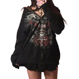 Sweatshirt Women 2000s Fairy Grunge Skull Print Long Sleeve Hooded Tops y2k Aesthetic Hoodie Oversize Clothes