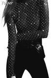 Fashion Women's T-Shirt Sexy Slim High Neck Long Sleeve Rhinestones Diamond Black Hollow Out Tops Autumn 2023 New
