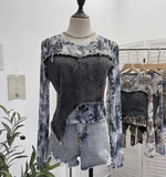 Shooting Tie-Dye Print Spliced Denim T-Shirt Girl Autumn Design Sense Irregular Hair Side Short-Sleeved Top
