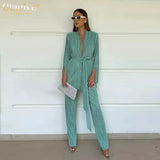 Autumn Green Pleated Pants Set Bodycon Slit Trosuer Suits Fashion Lace-Up Long Sleeve Blazer 2 Piece Sets Womens